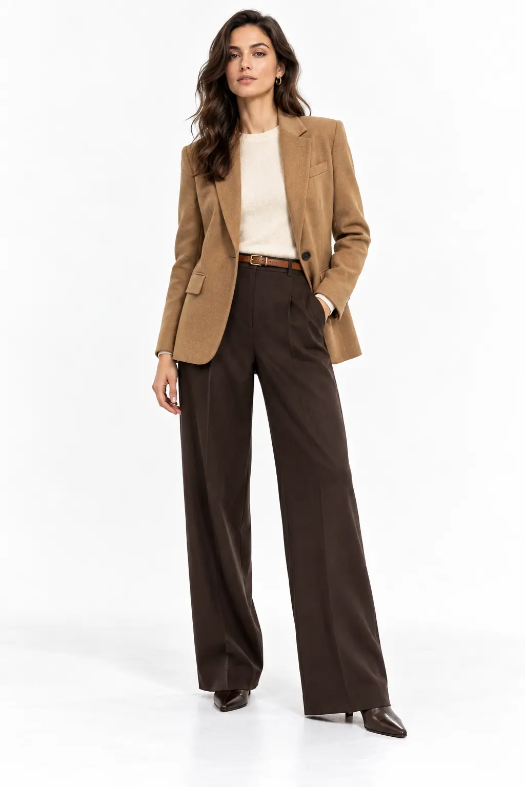 Camel Blazer and Espresso Trousers Full-body white-studio image of a woman wearing camel single-breasted wool blazer; ivory crew-neck knit; espresso wide-leg trousers; dark-brown ankle boots.