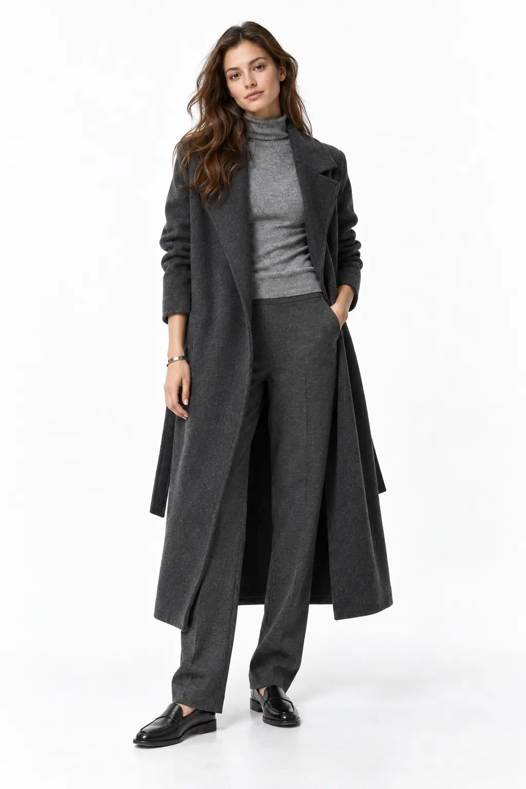Charcoal Coat and Tonal Knit Layers Full-body white-studio image of a woman wearing charcoal wrap coat; grey turtleneck; graphite straight trousers; black loafers.