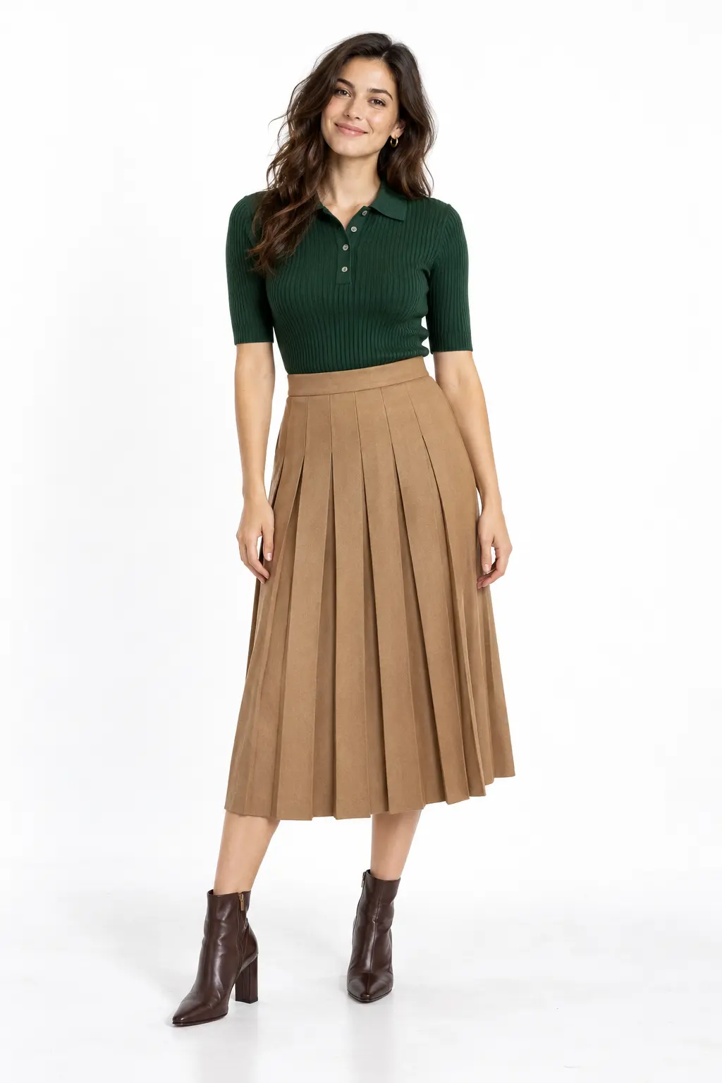 Forest Knit Polo and Camel Pleated Skirt Full-body white-studio image of a woman wearing forest ribbed knit polo; camel pleated midi skirt; brown ankle boots.