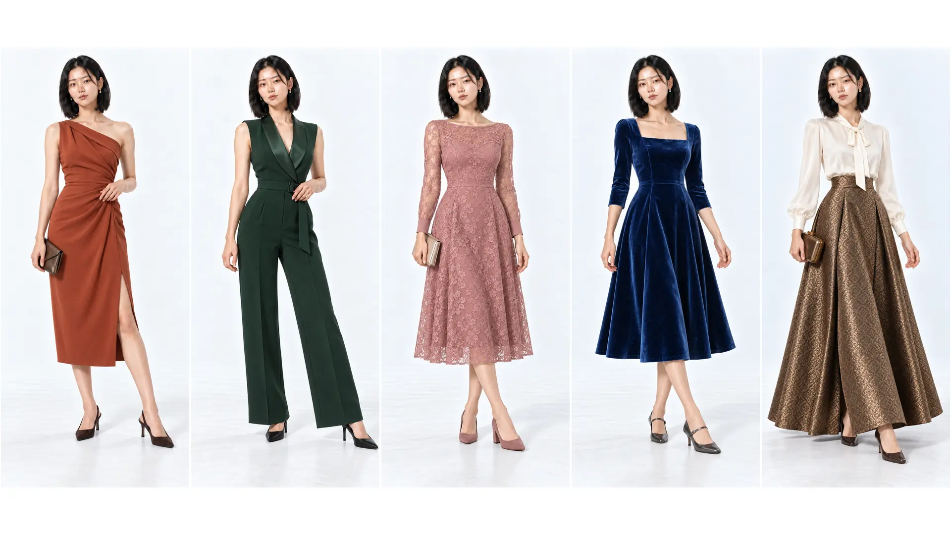 Five fall wedding guest outfits: copper draped dress, green jumpsuit, rose lace dress, blue velvet dress and bronze skirt.