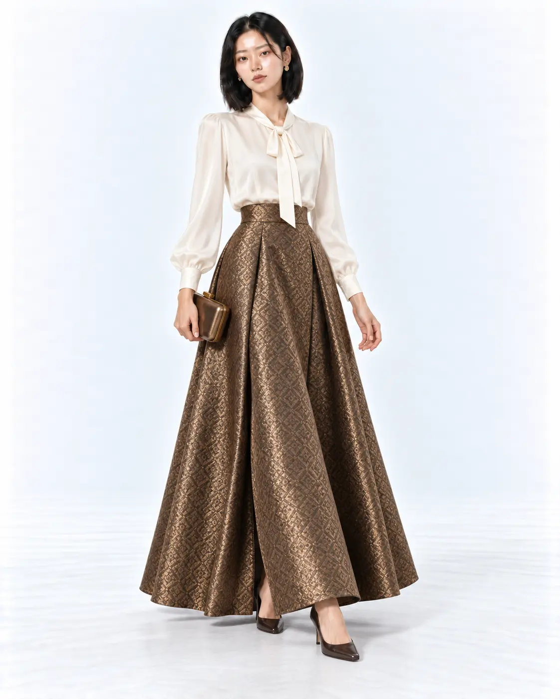 Bronze Brocade Wedding Guest Separates Woman in an ivory bow-neck blouse and bronze brocade full-length skirt with brown pumps on a white background.