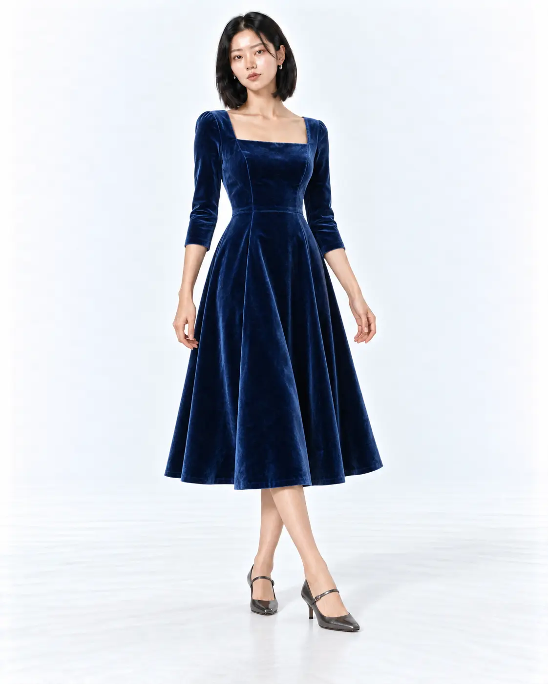 Sapphire Velvet Fall Wedding Guest Dress Woman in a sapphire blue velvet fit-and-flare midi dress with gunmetal Mary Jane heels in a white studio.