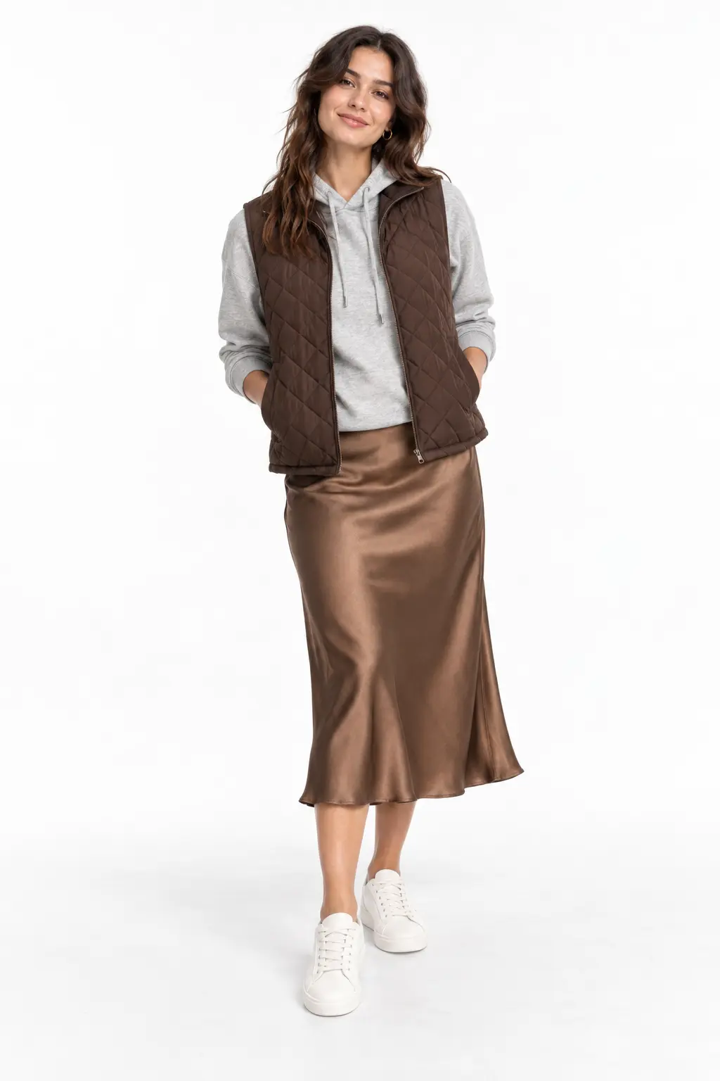 Quilted Vest with Satin Skirt Full-body white-studio image of a woman wearing chocolate quilted vest; grey hoodie; bronze satin midi skirt; white sneakers.