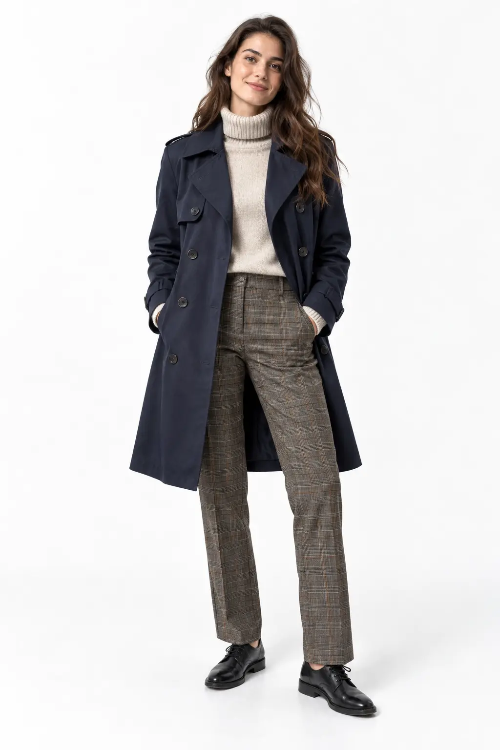 Navy Trench with Plaid Trousers Full-body white-studio image of a woman wearing navy trench; oatmeal roll-neck; brown-grey plaid trousers; black derby shoes.
