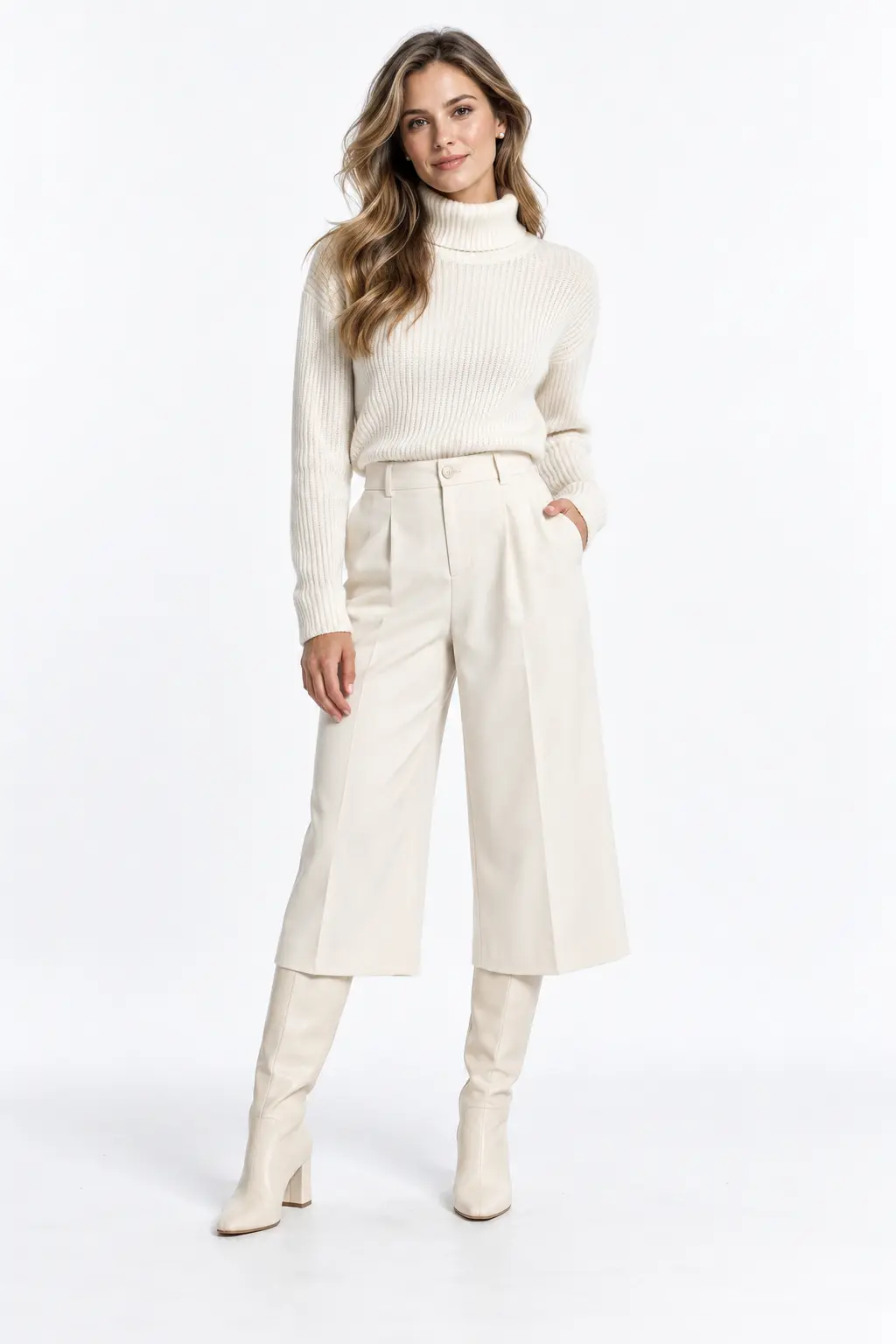 Ivory Funnel Neck and Culottes Full-body white-studio image of a woman wearing ivory funnel-neck sweater; ivory tailored culottes; ivory knee-high boots.