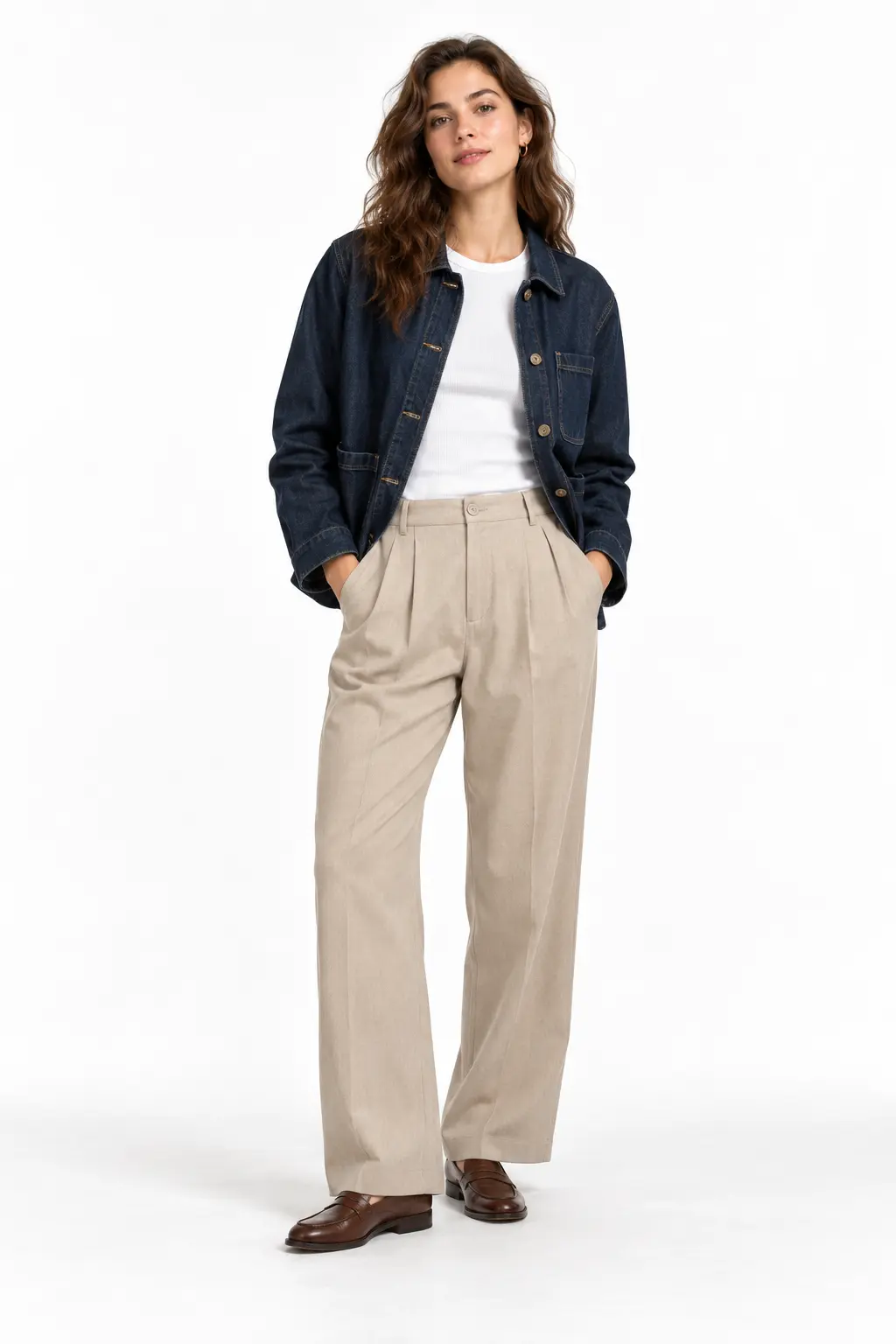 Denim Waistcoat and Wide Jeans Full-body white-studio image of a woman wearing indigo denim waistcoat; matching wide jeans; ivory slingbacks.