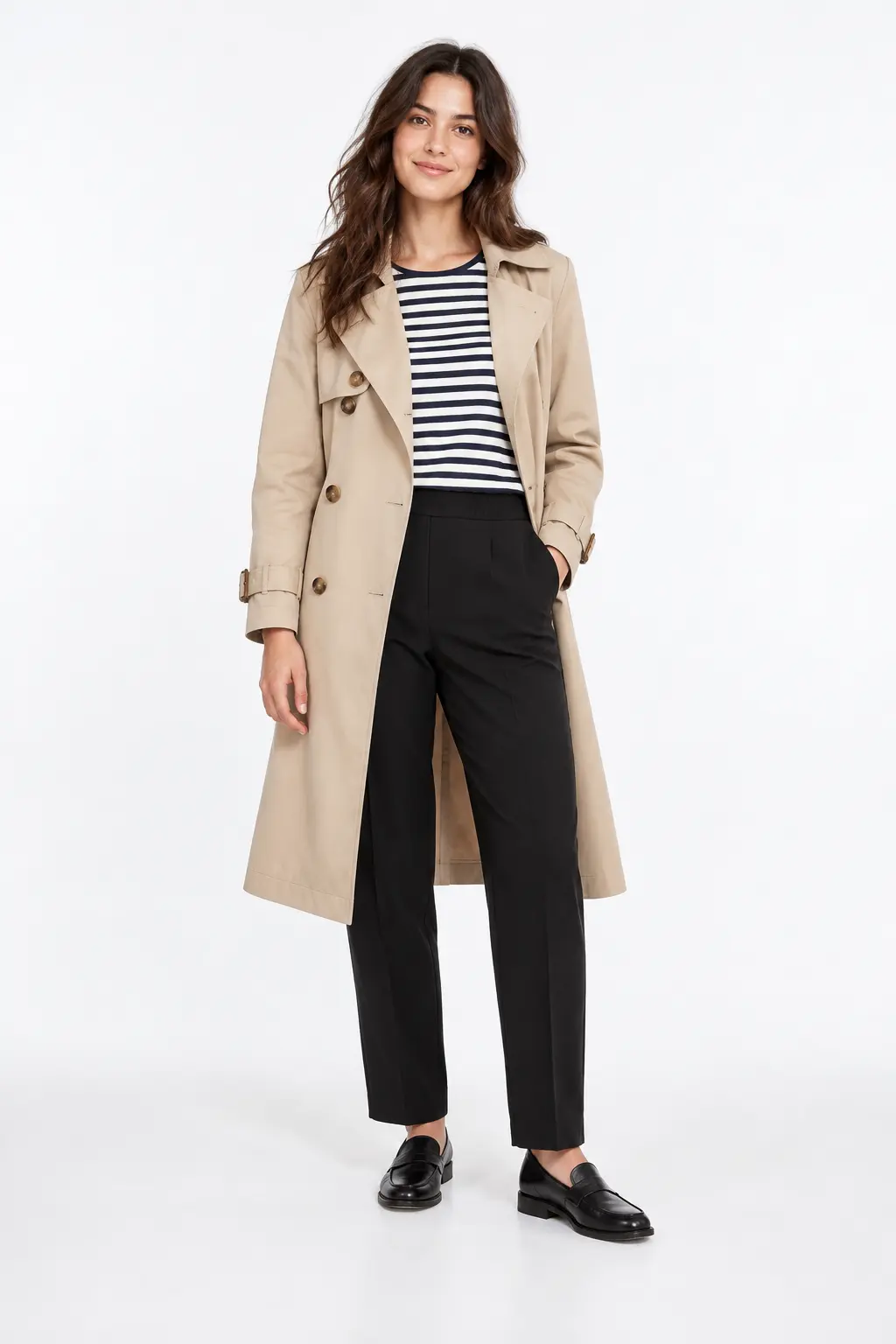 Sand Trench and Pull-On Trousers Full-body white-studio image of a woman wearing sand trench; striped tee; black pull-on trousers; black loafers.