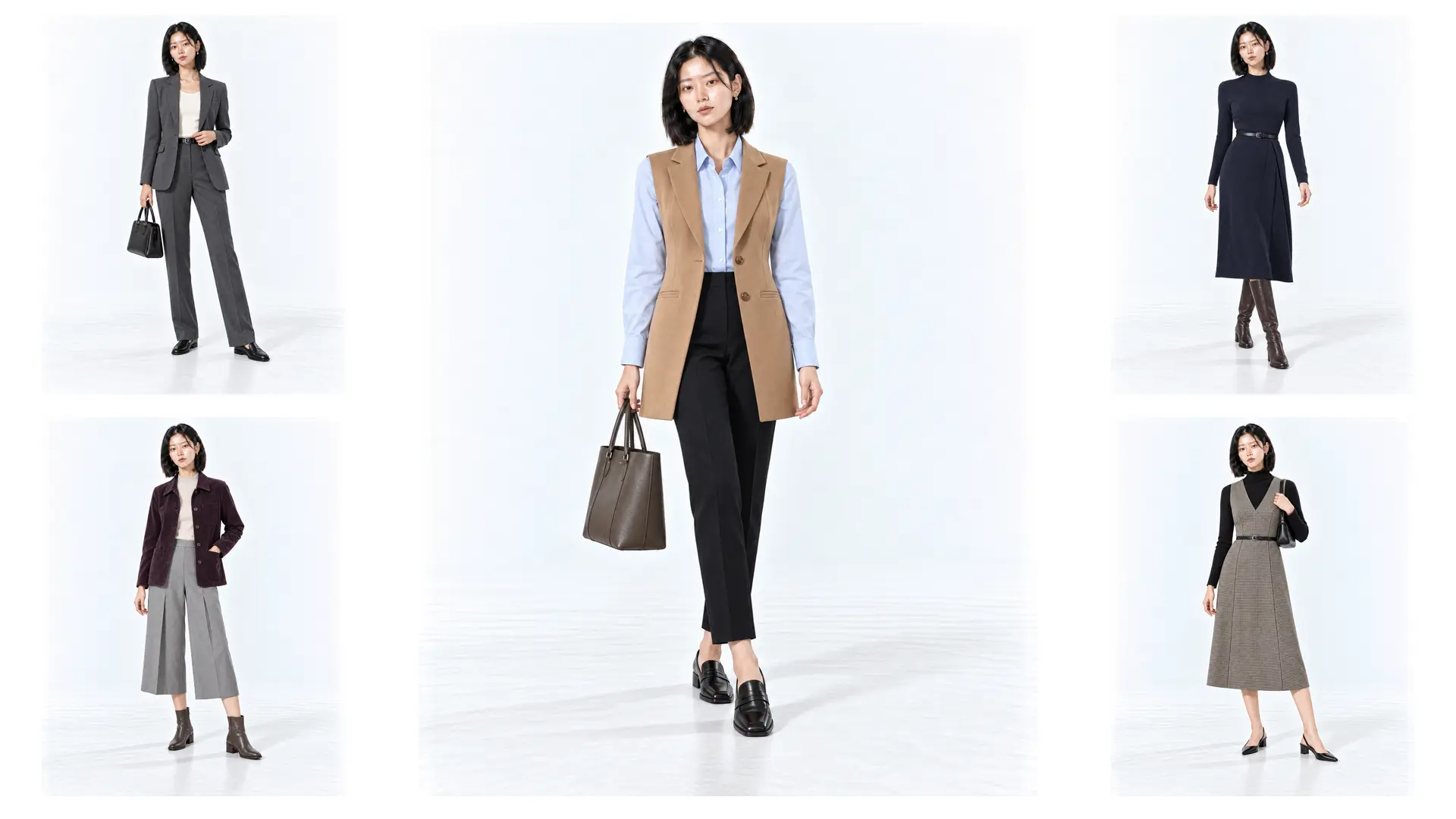 Five fall work capsule outfits featuring a charcoal suit, navy knit dress, camel waistcoat, corduroy jacket and houndstooth pinafore.