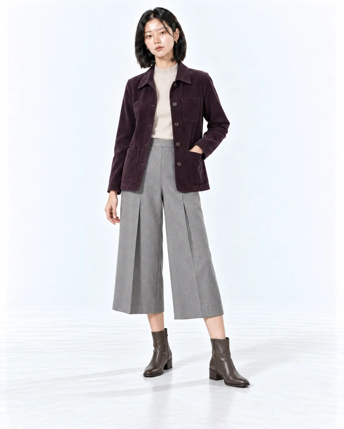 Aubergine Corduroy Business-Casual Outfit Woman in an aubergine corduroy jacket, oat knit top, gray pleated culottes and taupe ankle boots on white.