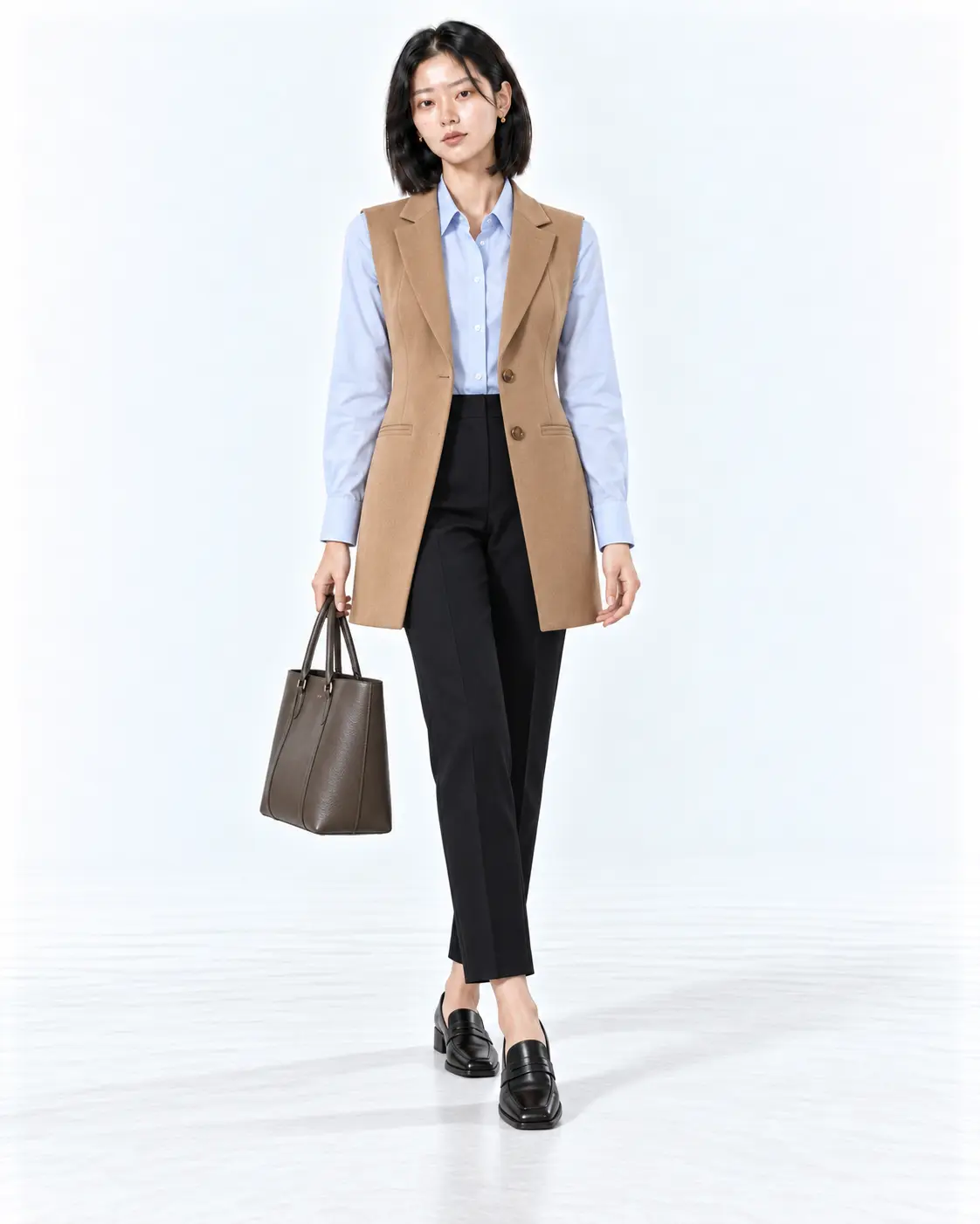 Camel Longline Waistcoat Work Outfit Woman in a camel longline waistcoat over a pale blue shirt with black trousers, tote and loafers on white.