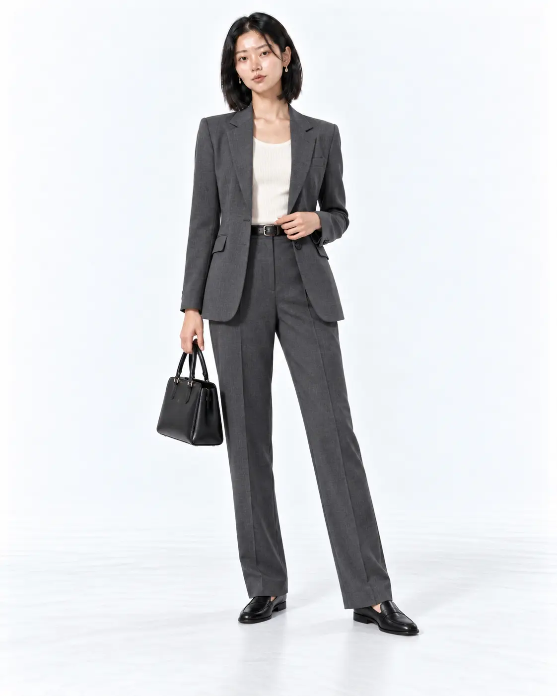 Charcoal Fluid-Wool Fall Work Pantsuit Woman in a charcoal pantsuit with an ivory knit shell, black work bag and leather loafers on a white studio background.