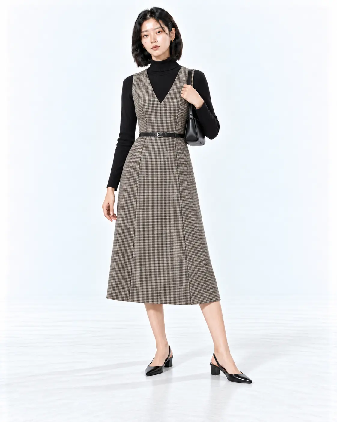 Houndstooth Pinafore Fall Office Outfit Woman wearing a houndstooth pinafore midi dress over a black turtleneck with black slingback pumps in a white studio.