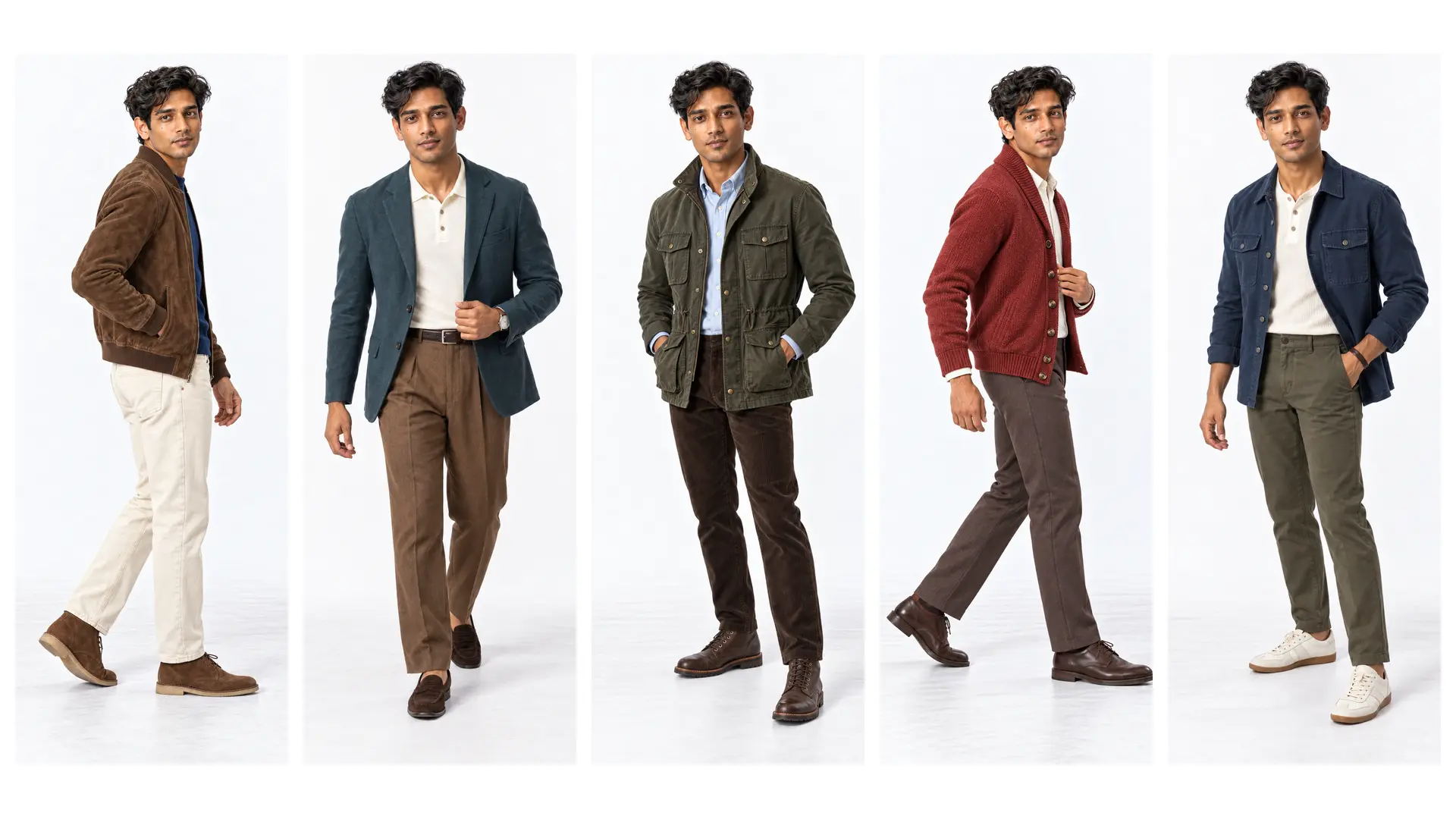 Five men’s fall layering outfits with a suede bomber, teal blazer, moss field jacket, brick cardigan and indigo overshirt