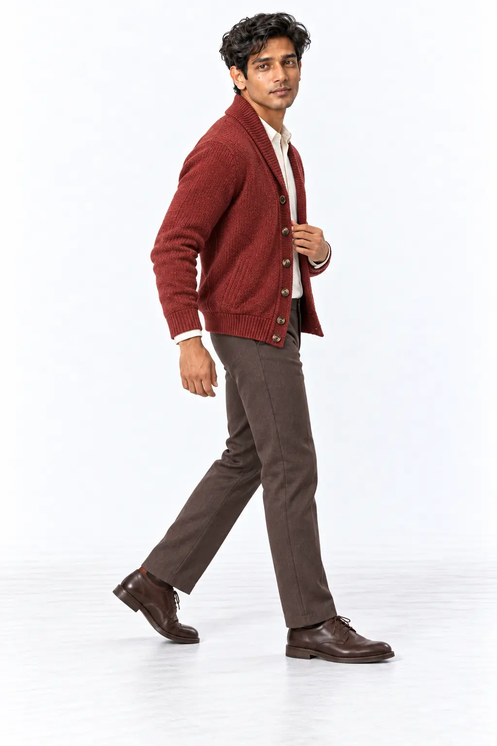 Brick Shawl Cardigan Fall Outfit Man in a brick shawl cardigan, ivory Oxford shirt, brown tailored trousers and leather derbies on white