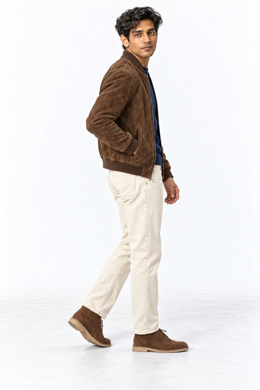 Tobacco Suede Bomber With Ecru Denim Man turning in a tobacco suede bomber, petrol blue knit, ecru jeans and brown chukka boots in a white studio