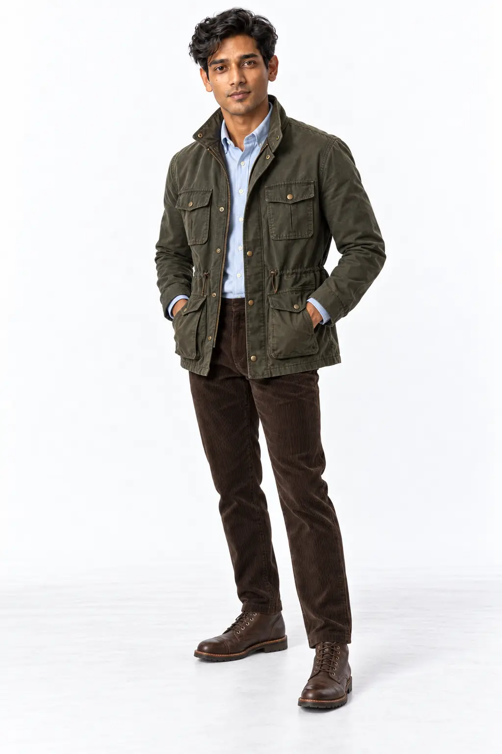 Moss Field Jacket Fall Layering Man in a moss field jacket, pale blue Oxford shirt, brown corduroy trousers and leather boots on a white background
