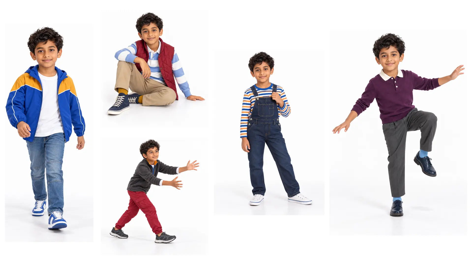 Five boys' fall outfits in one white-studio collage: windbreaker, quilted gilet, fleece, denim dungarees and knit polo.
