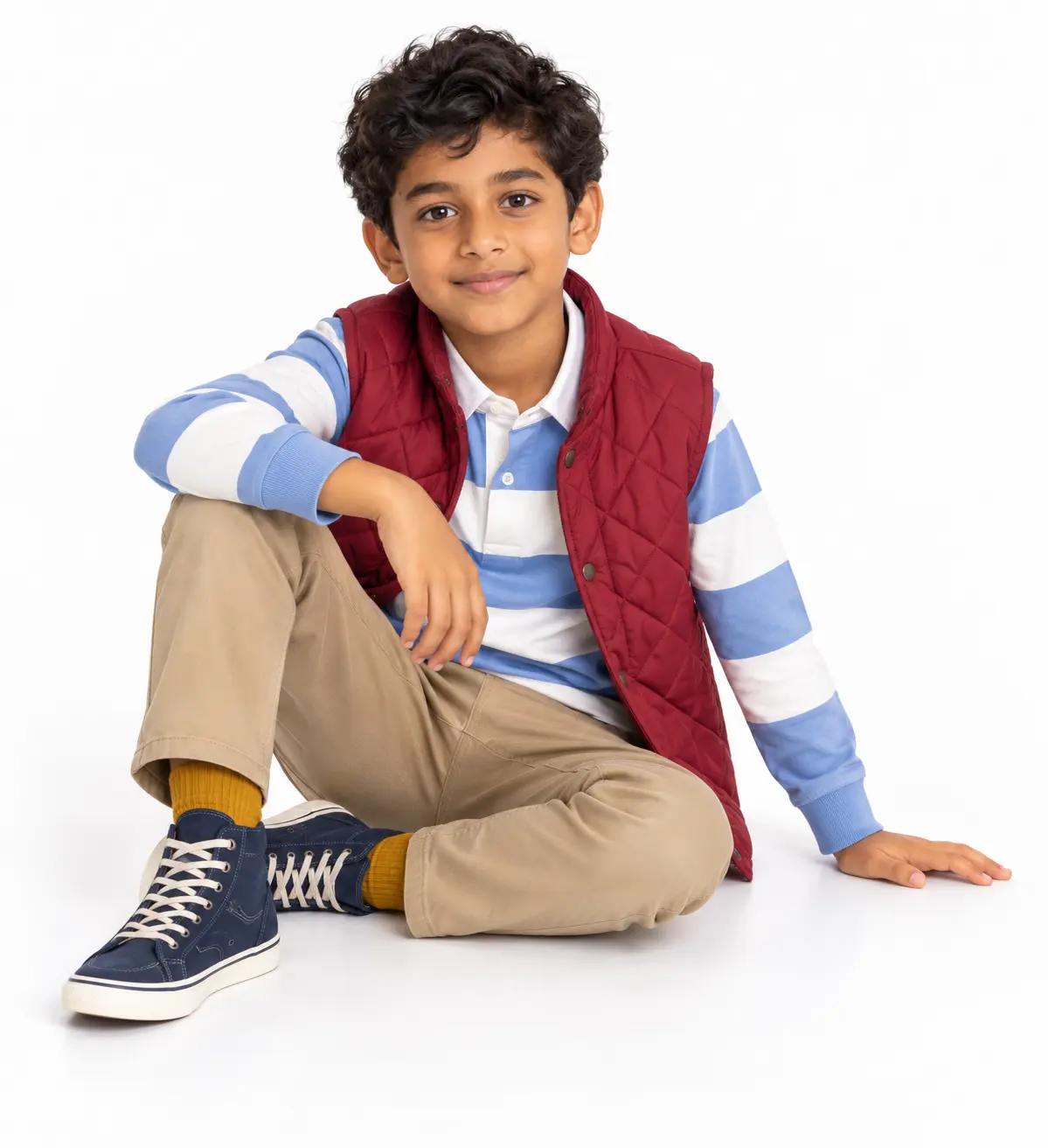 Cranberry Quilted Gilet Outfit Removable core warmth over a practical rugby shirt and pull-on trousers.