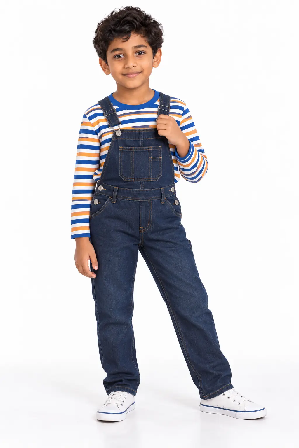 Denim Dungarees Weekend Outfit Dark denim dungarees with a colourful striped jersey for relaxed weekends.