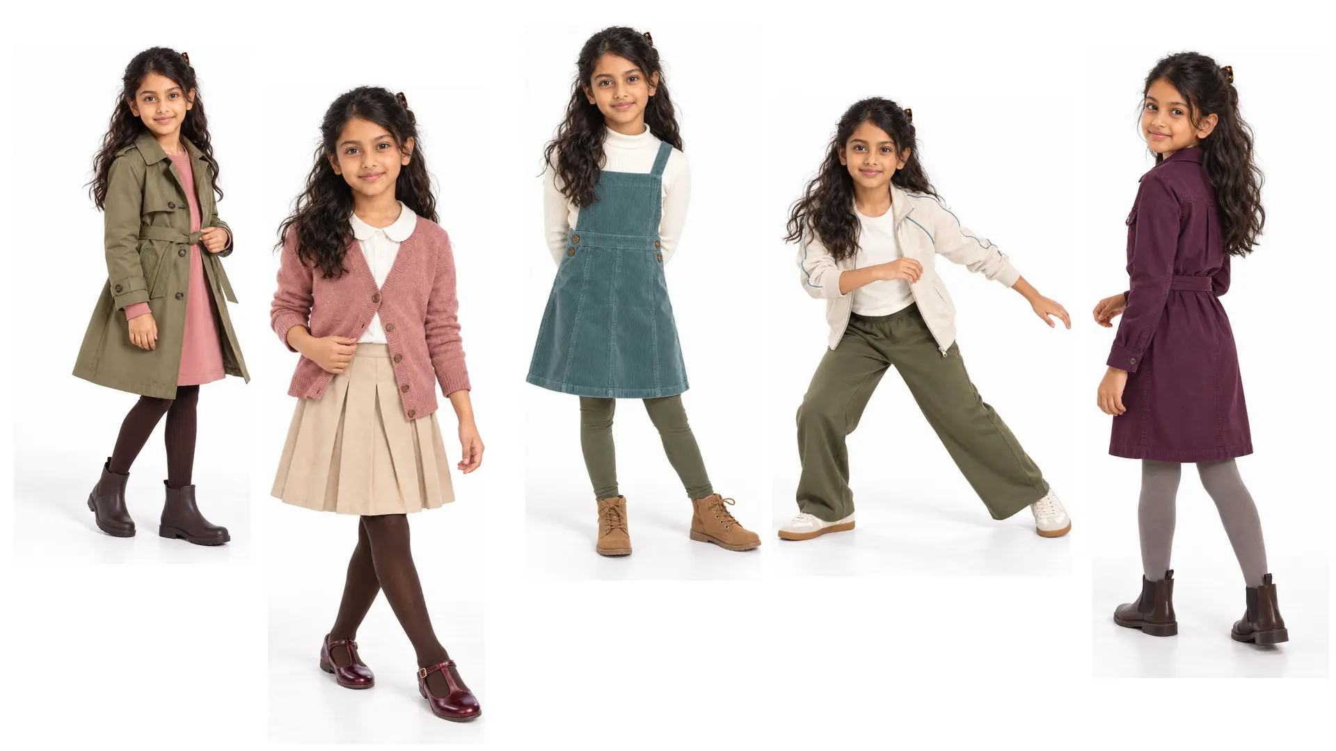 Girls fall outfits featuring an olive trench, cardigan and skirt, corduroy pinafore, utility dress and sporty trousers