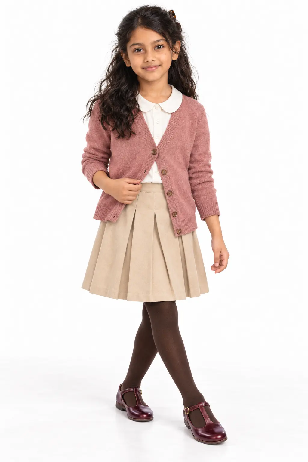 Girls' Pink Cardigan and Pleated Skirt Fall Outfit Girl wearing a dusty pink cardigan, white collared blouse, beige pleated skirt, brown tights and burgundy Mary Jane shoes.