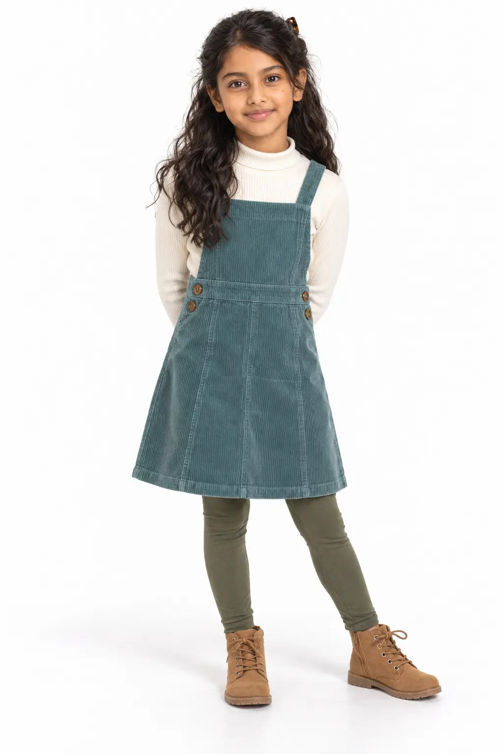 Girls' Teal Corduroy Pinafore Dress with Turtleneck Girl wearing a teal corduroy pinafore dress over a cream turtleneck, paired with olive leggings and tan lace-up boots.