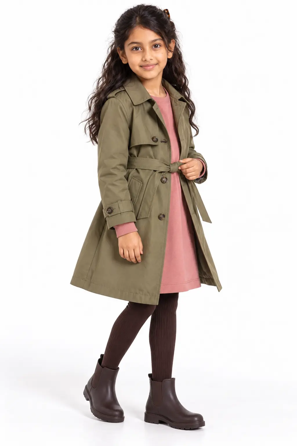 Girls' Olive Green Trench Coat and Pink Dress Outfit Girl styling an olive green belted trench coat over a pink dress with dark brown tights and matching ankle boots.