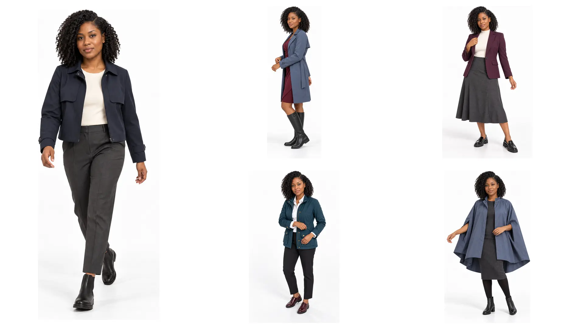 Rainy work outfits featuring a navy storm mac, belted raincoat, plum blazer, teal field jacket and slate rain cape