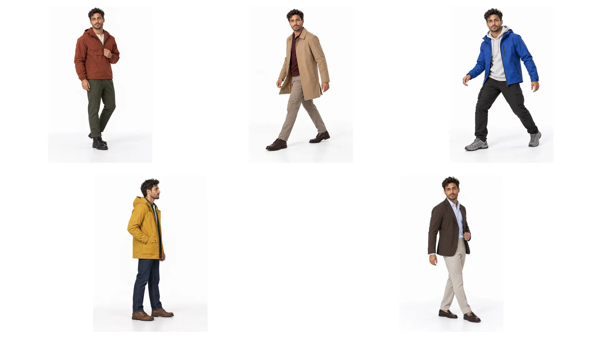 Rainy outfits for men featuring an anorak, car coat, waterproof shell, hooded parka and technical rain blazer