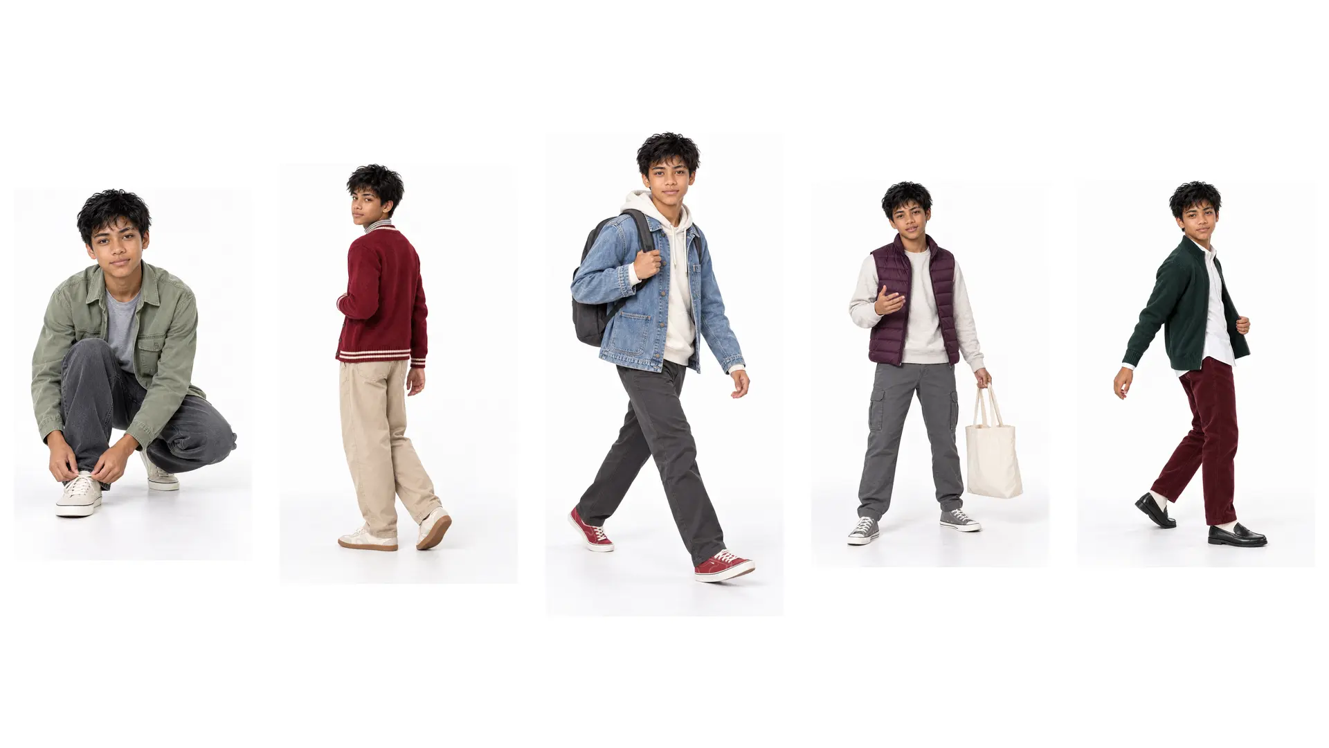 Unisex teen outfits featuring an overshirt, varsity cardigan, denim chore jacket, quilted vest and zip cardigan