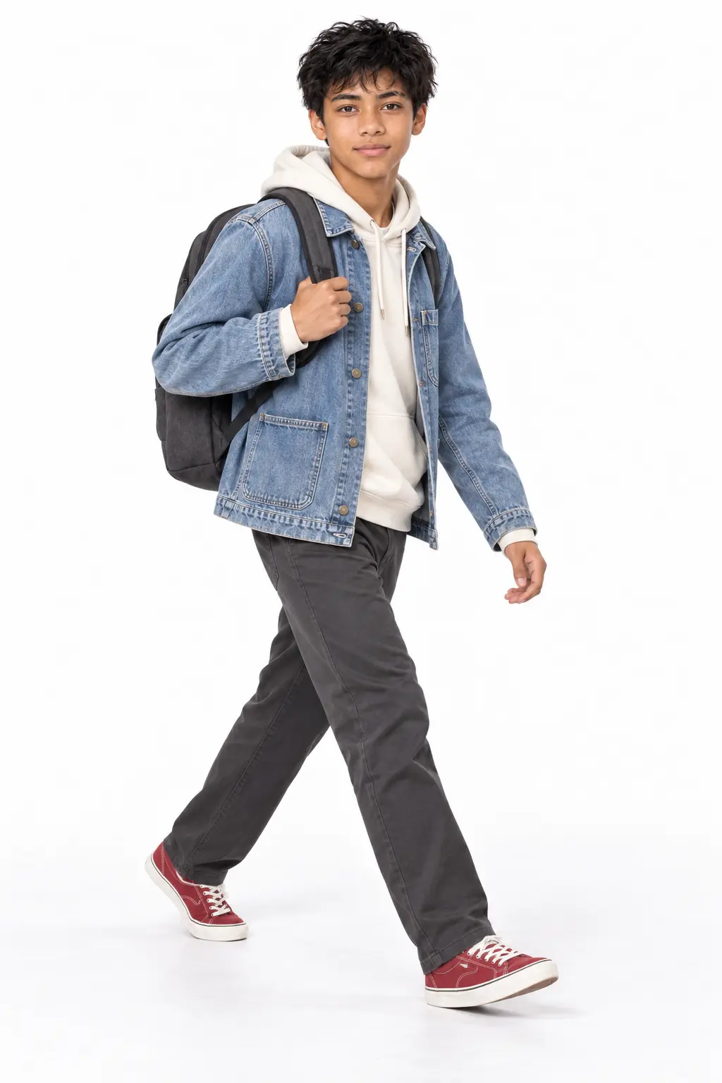 Teen Boy Walking in Blue Denim Chore Jacket and White Hoodie with Black Backpack A teenage boy walking sideways against a white background, wearing a medium-wash blue denim chore jacket layered over a cream hoodie, dark grey straight-leg pants, red low-top sneakers, and carrying a black backpack.